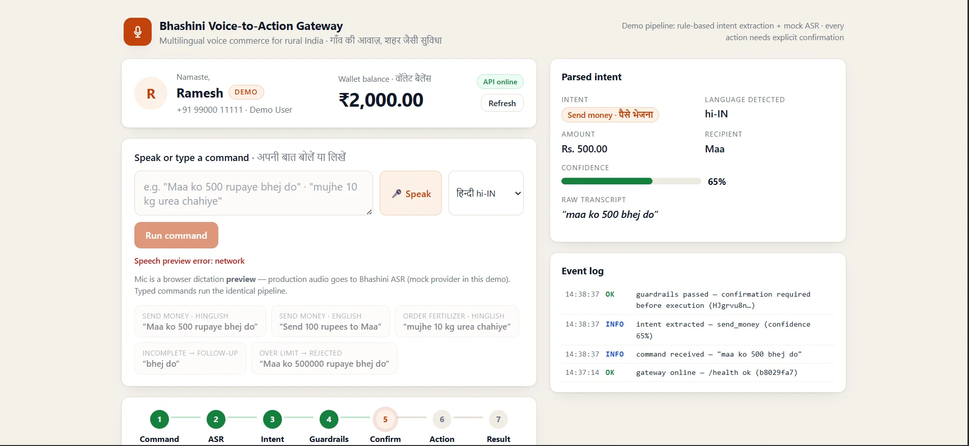 Bhashini Voice Gateway demo dashboard — recognized command, structured action proposal, and human confirmation step