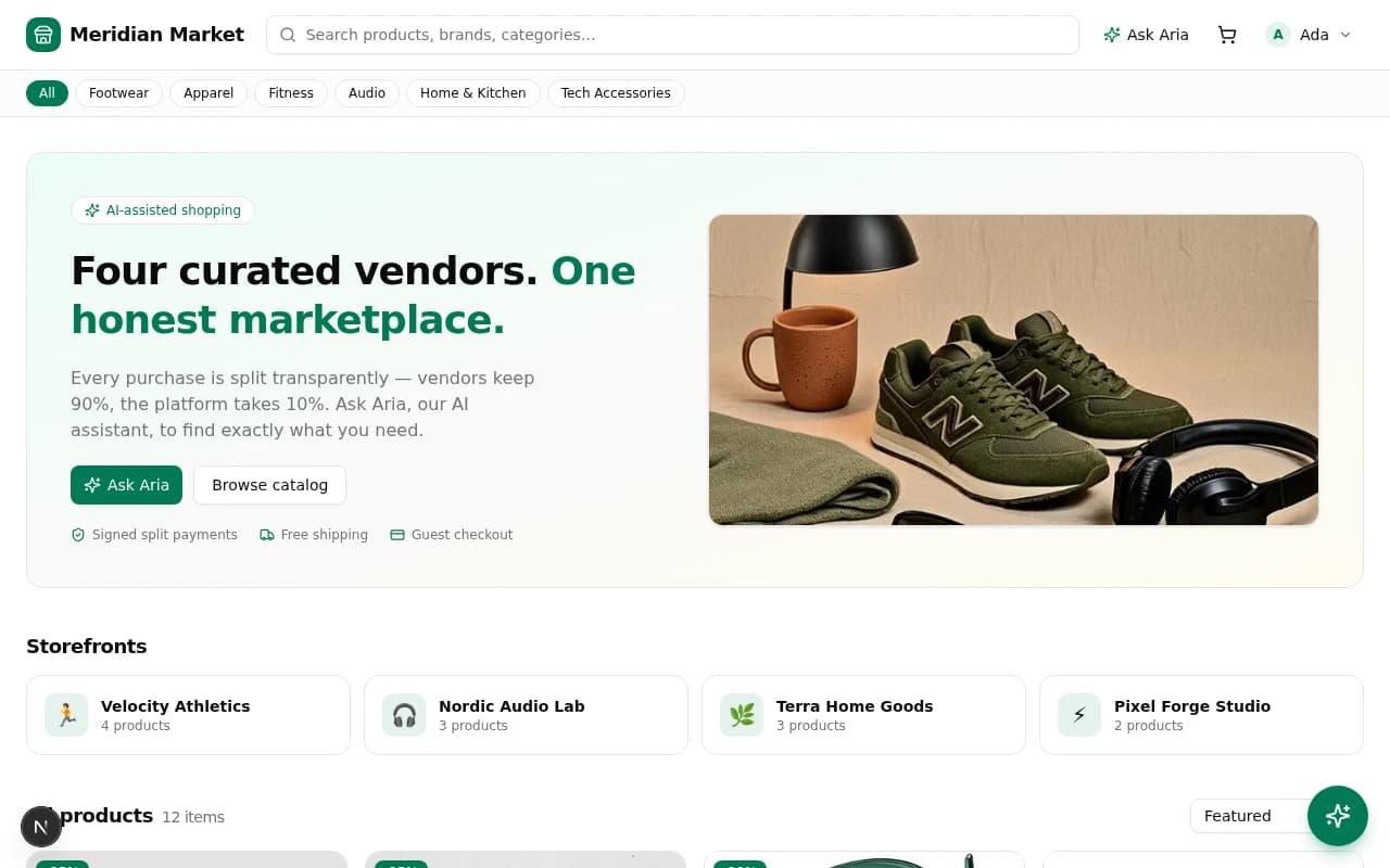 Meridian Market storefront — hero, four storefronts, category filters, and the 12-item catalog