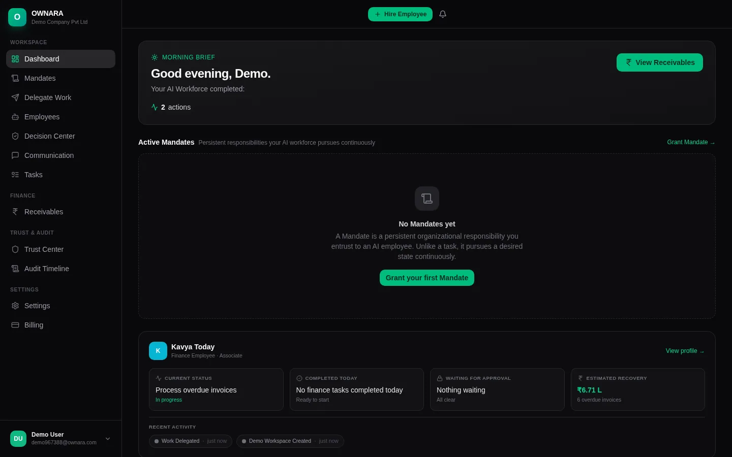 OWNARA workspace dashboard — morning brief, Kavya's current status, estimated recovery, and quick actions